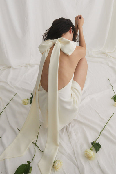 Floral Bow Halter Dress - White