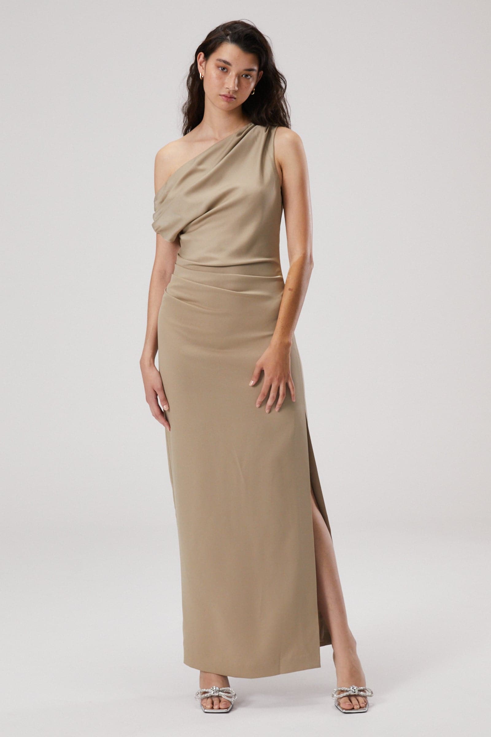 ASTER DRAPE SHOULDER SATIN MAXI DRESS - MISHA