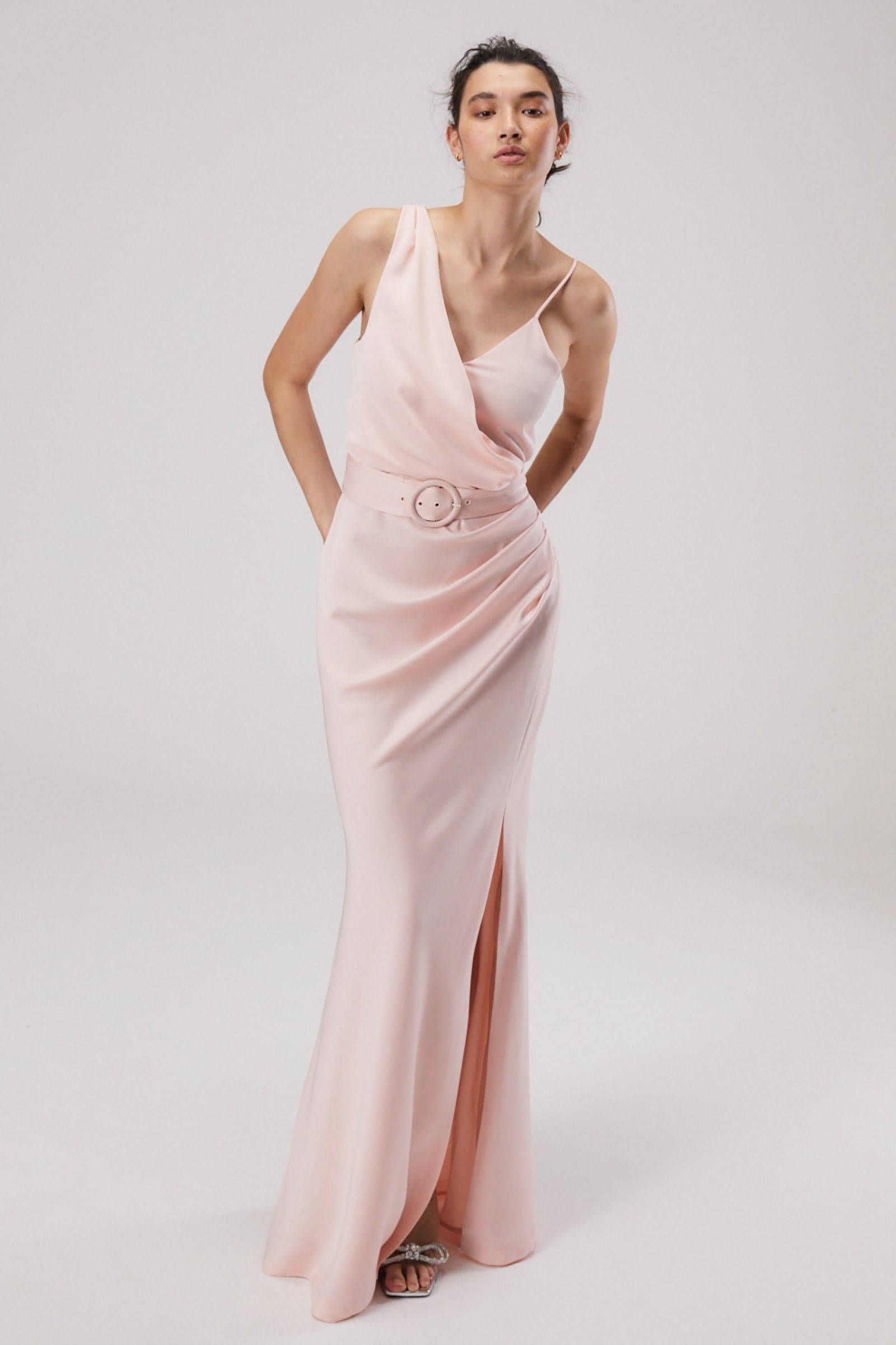 ROSETTE SATIN MAXI DRESS BLUSH PINK XXS