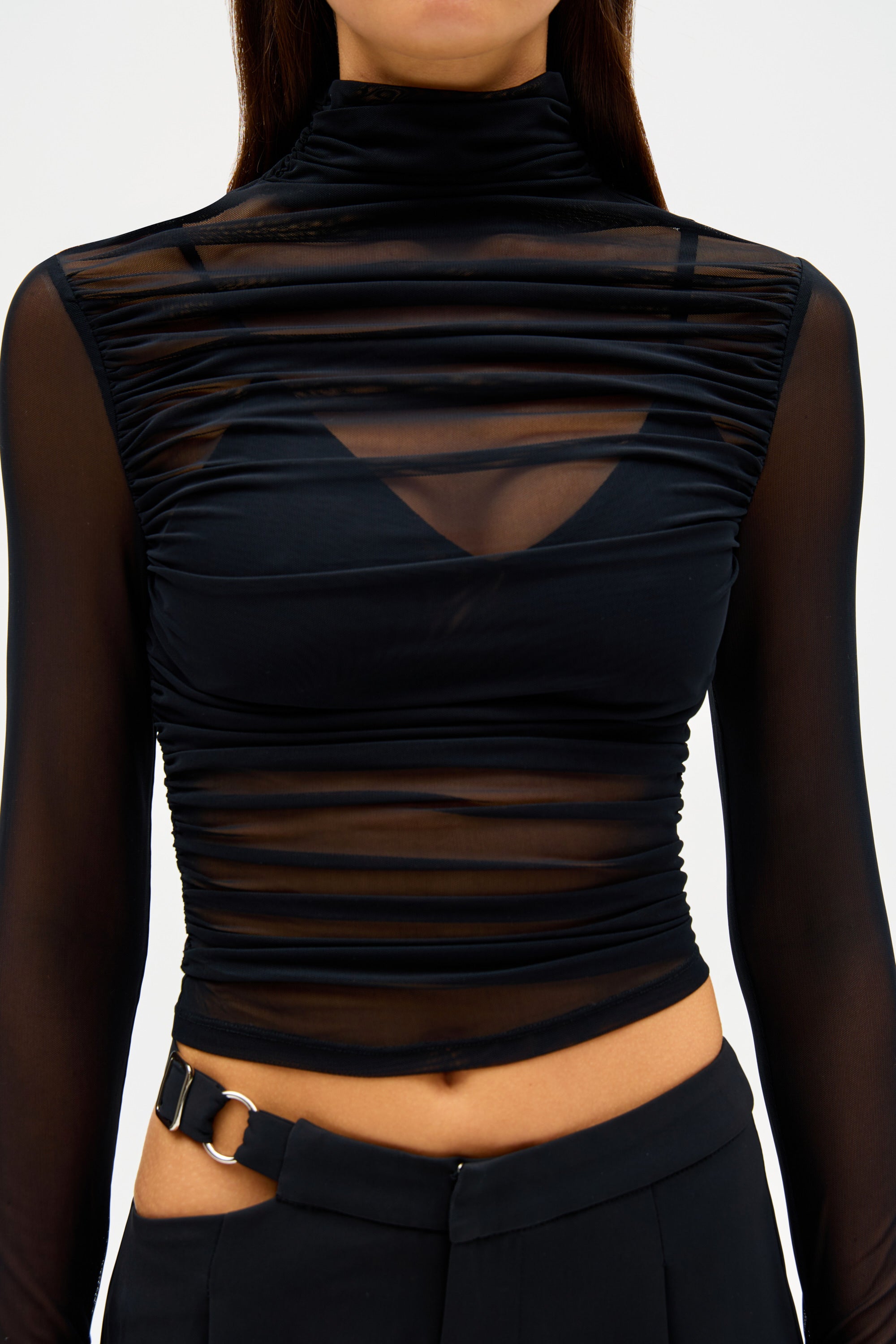 High neck long sleeve mesh top deals
